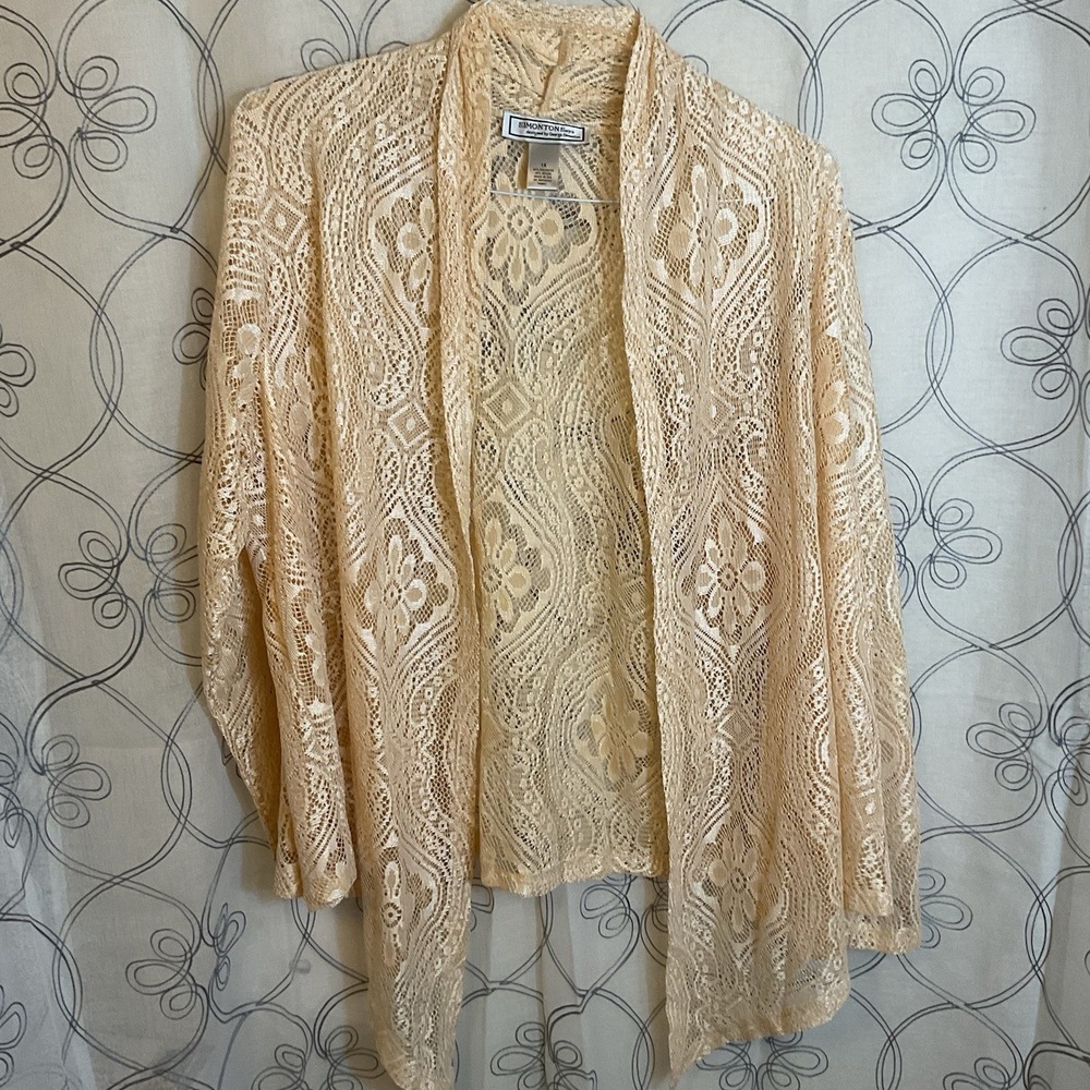 Women's Simonton Says Champagne Color Cardigan Long Sleeve Lace Size 1X
